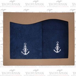 Zestaw 2 ręczników żeglarskich 50x100 i 70x140cm i motywem kotwicy w eleganckim opakowaniu Granatowy